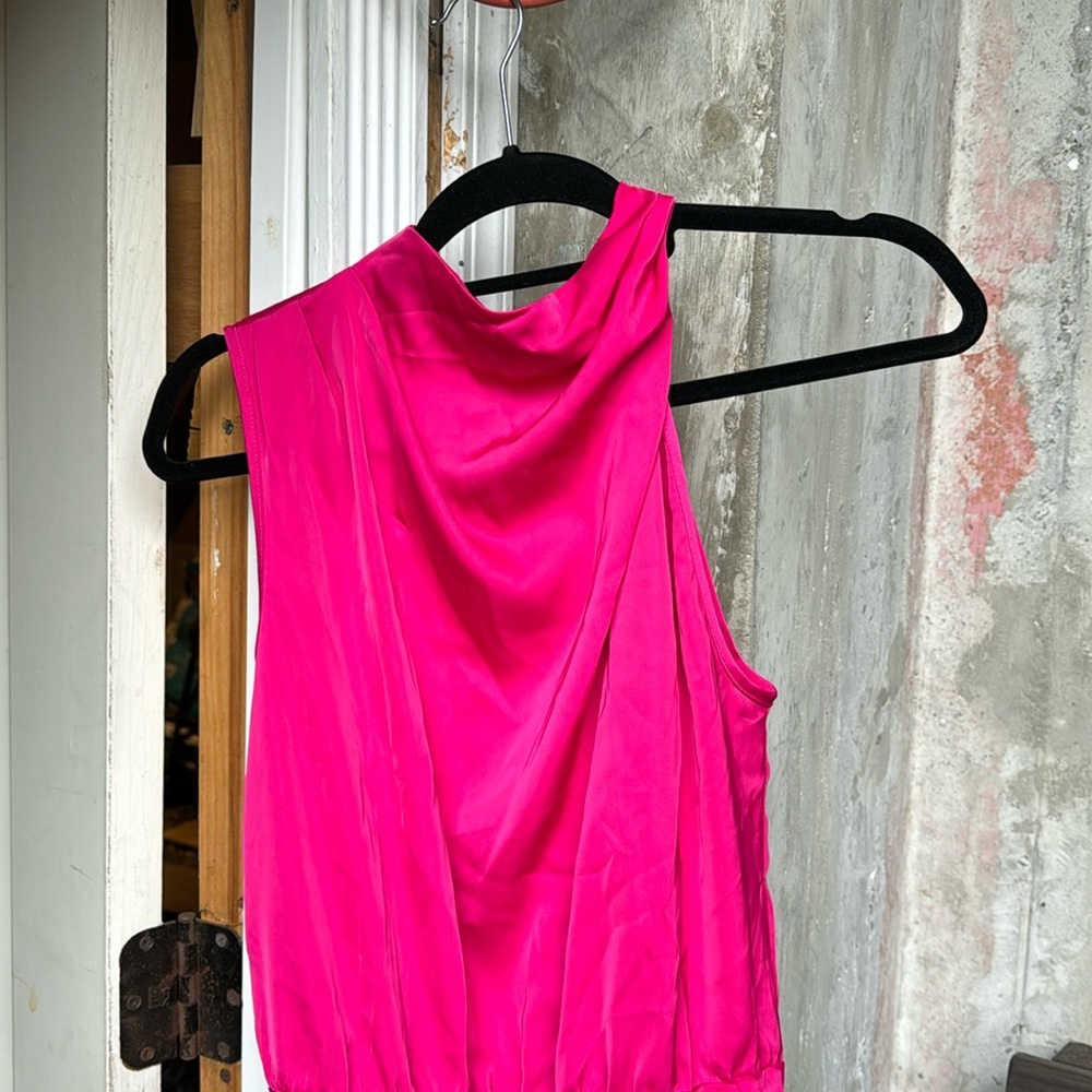 Long pink asymmetrical sleeve and neck dress